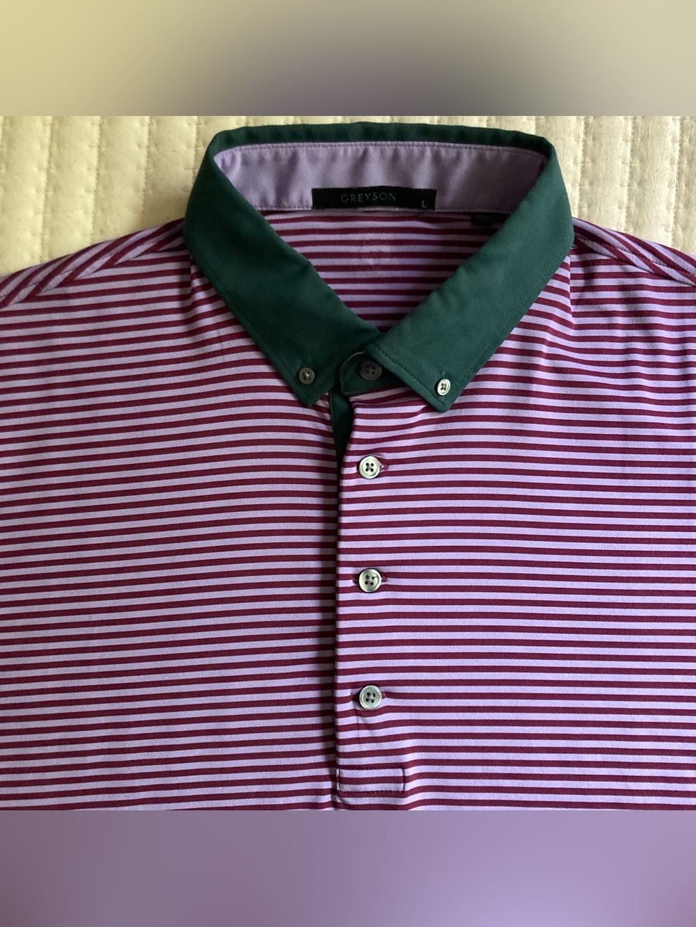 Greyson Golf Performance Polo Shirt Men’s Large Purple Green Striped Casual